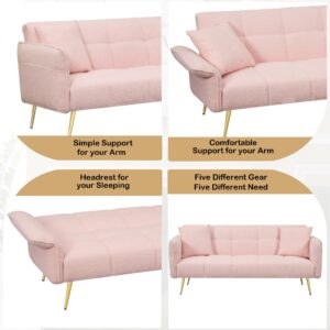 Aoowow Teddy Fabric Futon Couch with 2 Sort Bed Pillow, Love seat Sofa Bed with Adjustable Armrests Backrest for Small Spaces, Modern Recliner Futon Sofa for Living Room (Pink Teddy Fabric)