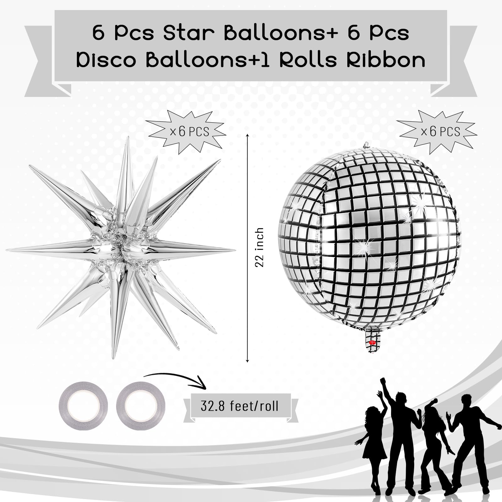 Disco Ball Balloons with Star Balloons, 22 Inch Metallic Disco Silver Foil Balloons for Disco Party Decor Birthday Bachelorette New Year Christmas Party Decorations