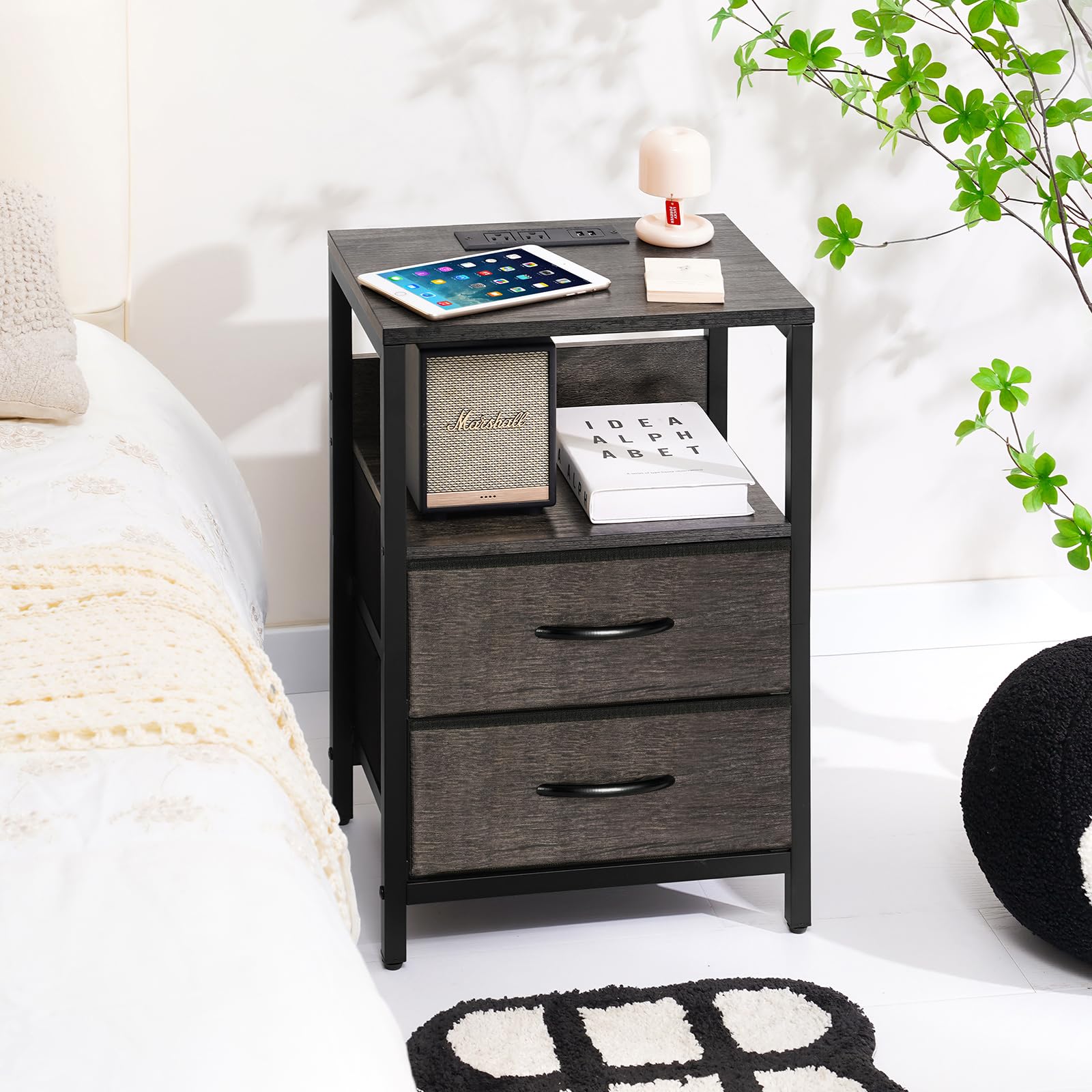 Yoobure Nightstand with Charging Station, Small Night Stand with Fabric Drawers and Storage Shelf for Bedrooms, Nightstands for Small Spaces, Bedside Table with USB Ports & Outlets, Bed Side Table