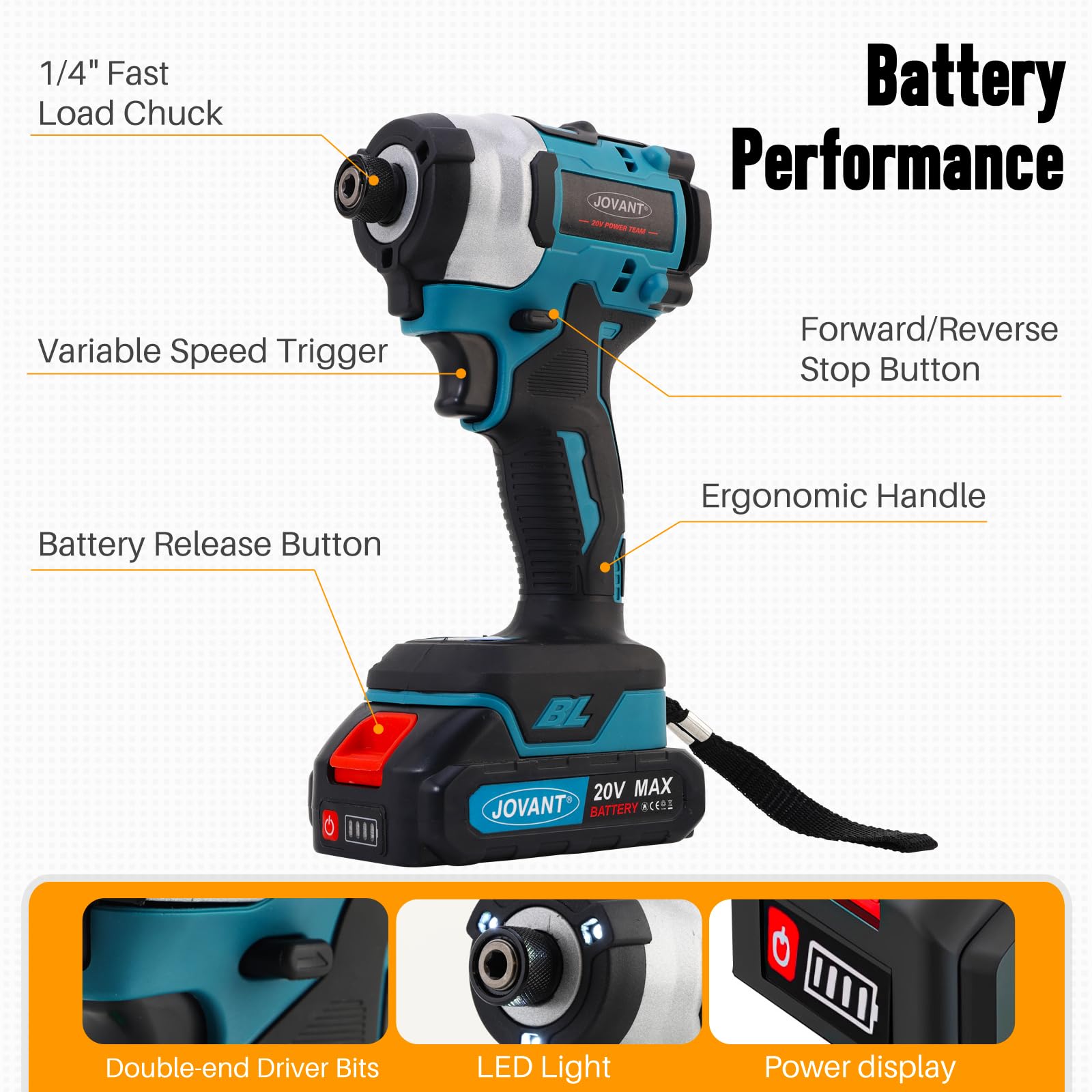 Cordless Impact Driver with 2x2.0Ah Battery and Charger, 100Ft-lbs(135N.m) Drill/Driver Set, 3200RPM Brushless 1/4 inch Hex Impact Screwdriver with Bit Accessories, 4+3 Speed, Led Light-JOVANT