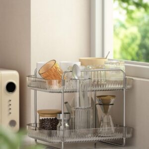 FFK 2 Tier Cup Mug Rack Coffee Bar Drying Holder Stand with Removable Drain Tray Kitchen Countertop Organizer Storage Glass Bottle Drying Holder with Drainage Basket Makeup Skincare Shelf Acrylic