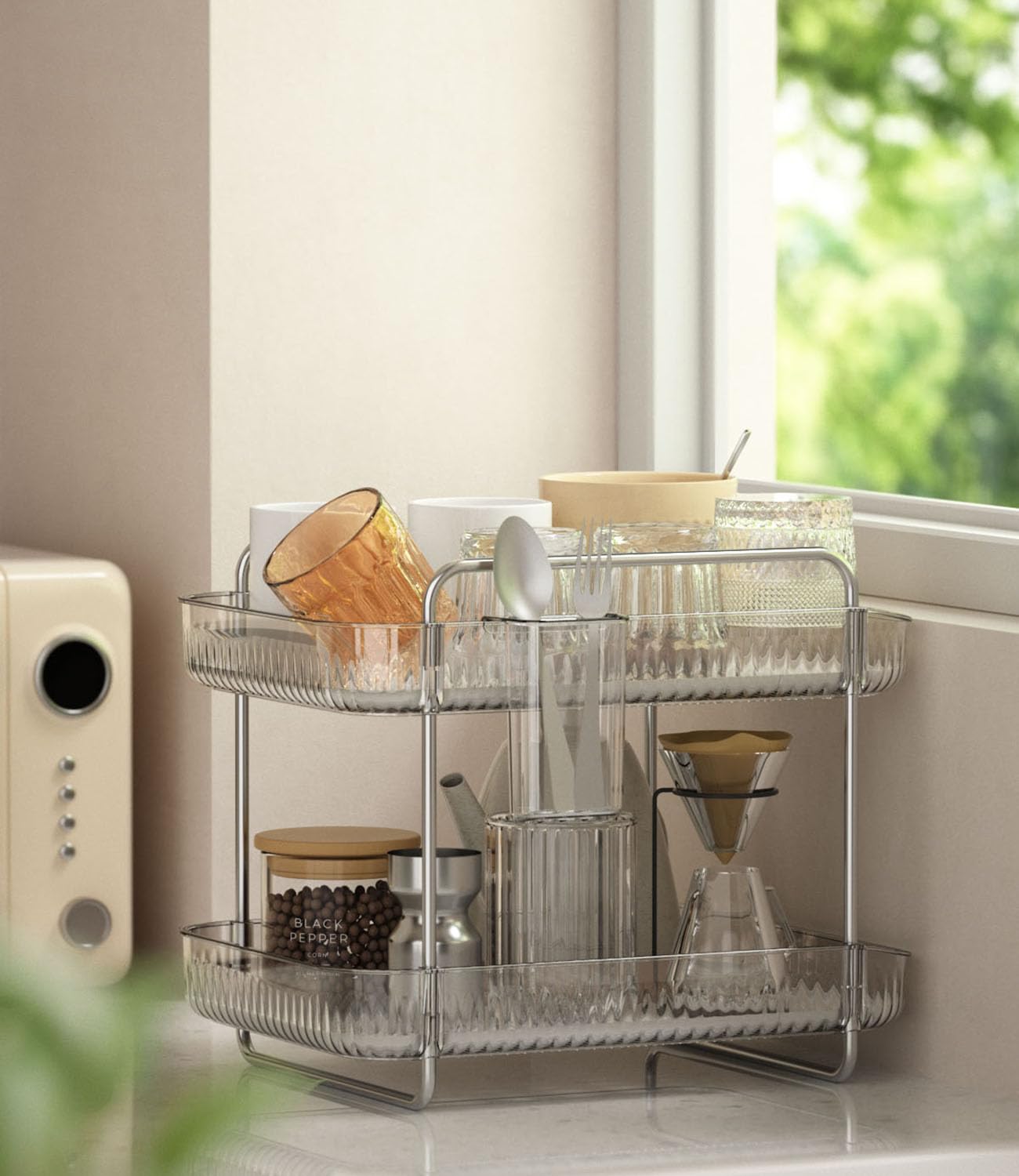 FFK 2 Tier Cup Mug Rack Coffee Bar Drying Holder Stand with Removable Drain Tray Kitchen Countertop Organizer Storage Glass Bottle Drying Holder with Drainage Basket Makeup Skincare Shelf Acrylic