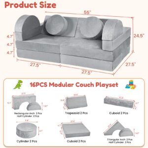 AIRBANK 16PCS Kids Play Couch, Modular Kids Couch Toddler Play Couch Child Sectional Sofa, Convertible Foam Easy to Build Magical Forts in Playroom Indoor Nursery Grey