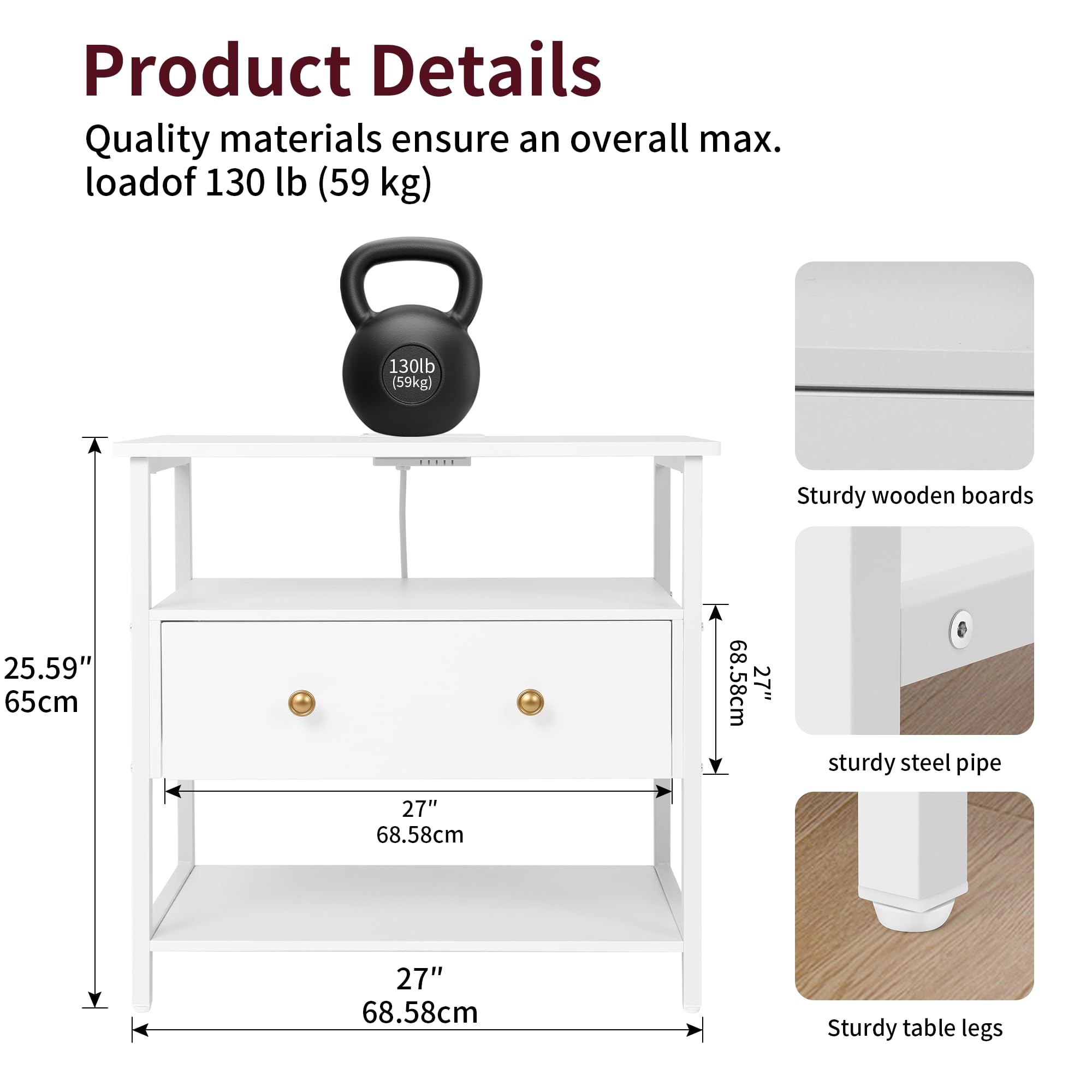 Edbuosy 2 Sets 27 inch Nightstand Side Table with 1 Layer of Wooden Drawers，Nightstand with Charging Station,End Table Bedside Table with USB Ports and Outlets