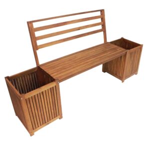 four seasons courtyard leigh country outdoor wooden bench durable all weather backyard patio, entryway balcony, or deck furniture seating with 2 planter boxes, tan