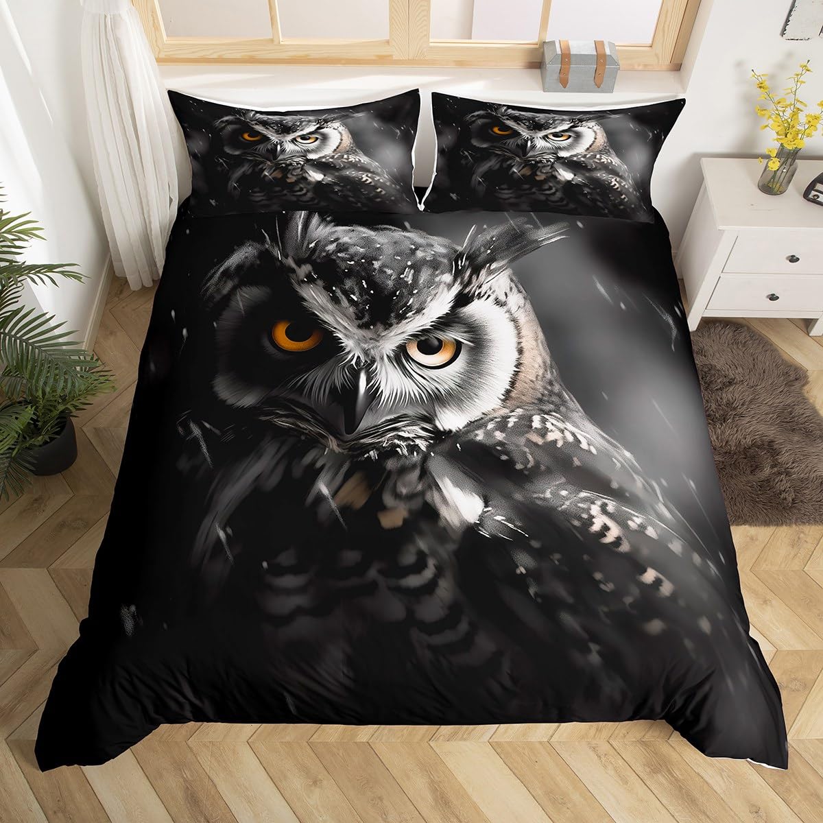 Erosebridal 3D Owl Bedding Queen Size Black and Grey Comforter Cover, Wild Animal Bed Set Cute Bird Duvet Cover, Woodland Wildlife Quilt Cover Animal Theme Black Room Decor 3pcs (Zipper Closure)