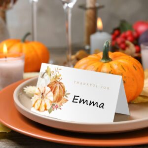 JarThenaAMCS 50Pcs Thanksgiving Table Tent Place Cards Thankful Pumpkin Guest Seating Cards Name Escort Card Folded Seat Assignment Setting Label for Fall Autumn Wedding Baby Shower Birthday