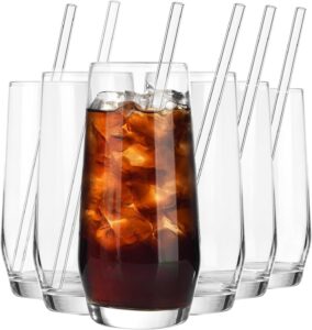 alink drinking glasses with glass straws set of 6, 18 oz tall highball glass cups, lead-free crystal water glasses, iced coffee tea cocktail mojito glass cups, tom collins bar glassware