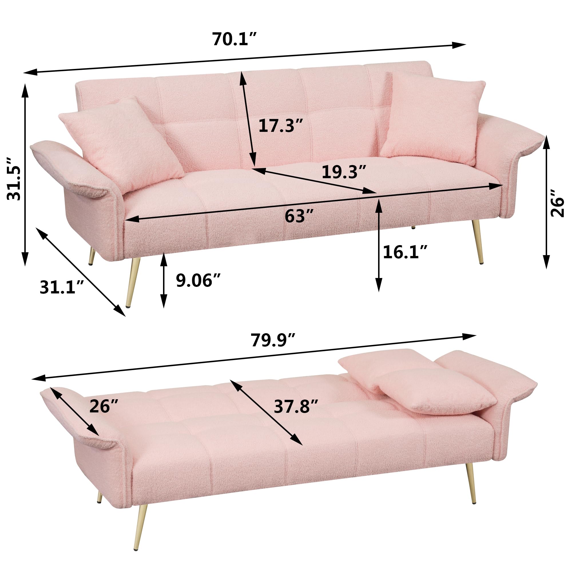 Aoowow Teddy Fabric Futon Couch with 2 Sort Bed Pillow, Love seat Sofa Bed with Adjustable Armrests Backrest for Small Spaces, Modern Recliner Futon Sofa for Living Room (Pink Teddy Fabric)