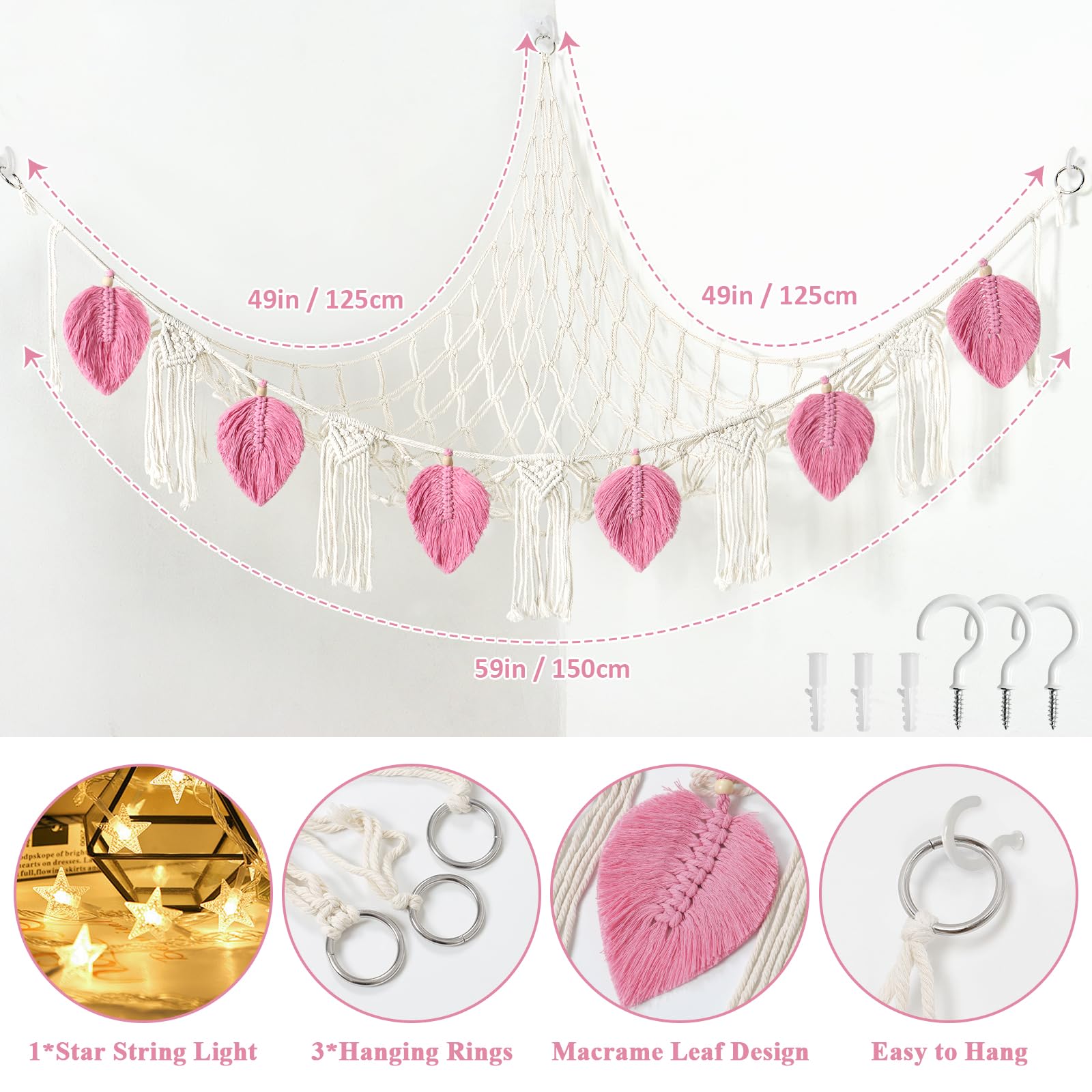 Dremisland Stuffed Animal Toy Net Hammock with Star Light Boho Leaf Macrame Tassel Corner Toy Organizer Bohemian Woven Decor Display Holder for Girls Room Nursery Kids Bedroom Play Room Decor (Pink)