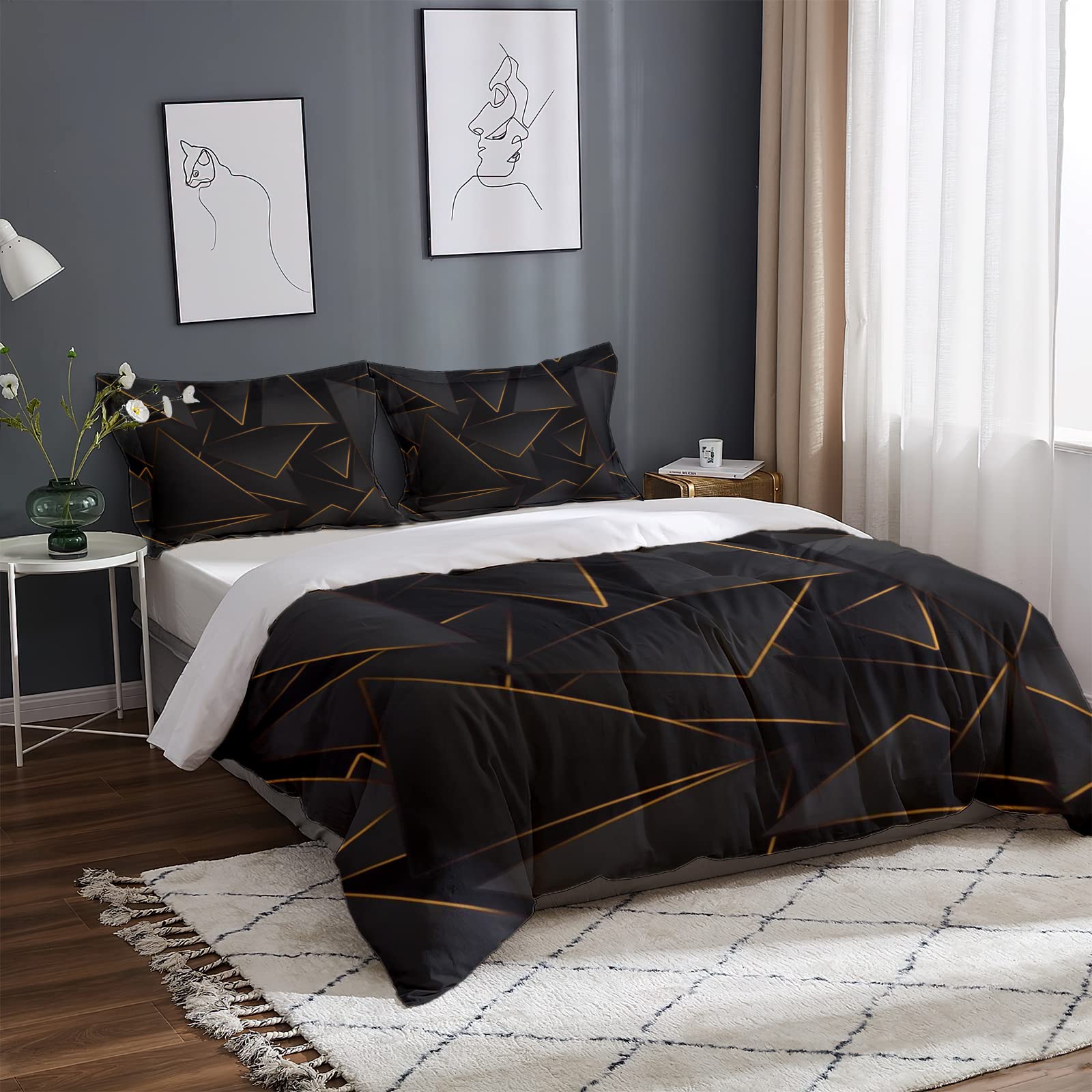 SRHMYWGY Twin Bedding Sets Twin Duvet Covers, Ultra Soft Microfiber Bedspreads with Zipper Closure, 3 Pieces 3D Print Black and Gold Geometric Lines (68 X 86 Inches) - 1 Duvet Cover + 2 Pillowcase