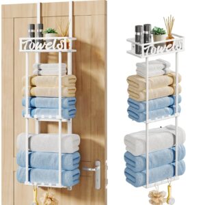 hapirm towel rack bathroom storage - 3 tier over the door towel rack with metal shelf basket and 6 hooks, wall mount towel holder, rolled towel organizer for small bathroom (white)