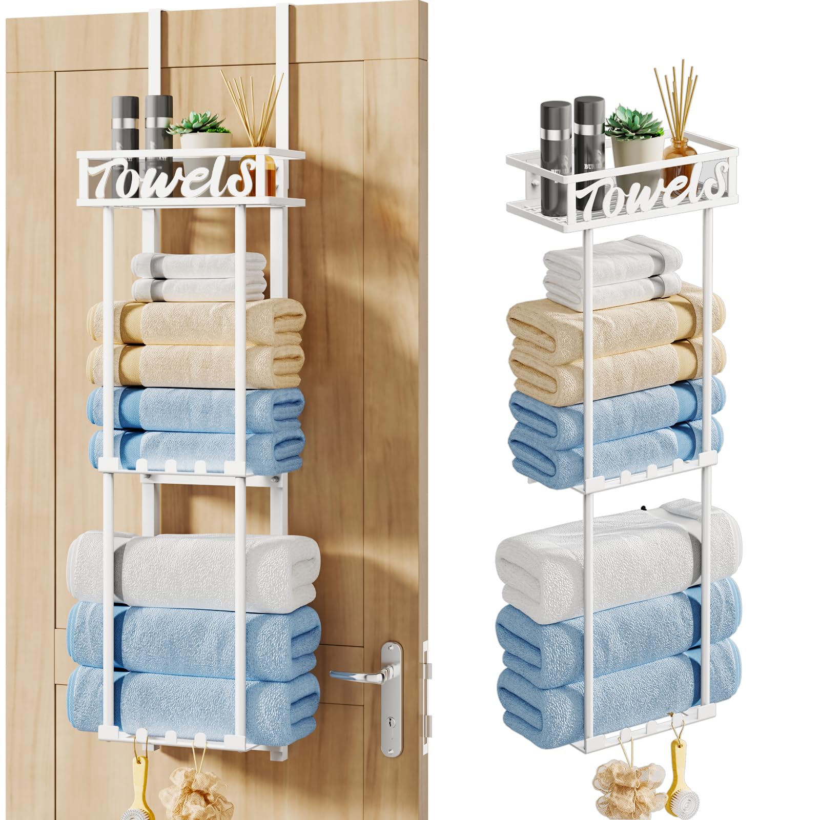 HapiRm Towel Rack Bathroom Storage - 3 Tier Over The Door Towel Rack with Metal Shelf Basket and 6 Hooks, Wall Mount Towel Holder, Rolled Towel Organizer for Small Bathroom (White)