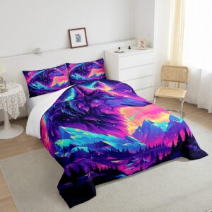 Castle Fairy Wolf Bedding Set Full Size Wild Jungle Animal Comforter Set for Kids Teens Room Decor Trippy Natural Scenery Duvet Insert Neon Starry Moon Galaxy Down Comforter Set,3Pcs