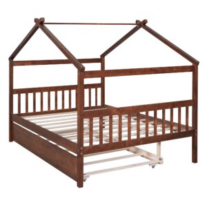 GOWE Full Size Wooden House Bed with Twin Size Trundle, Walnut