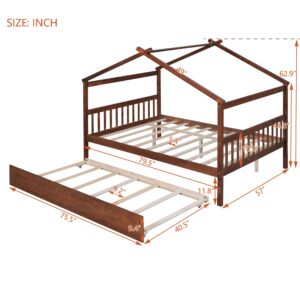 GOWE Full Size Wooden House Bed with Twin Size Trundle, Walnut