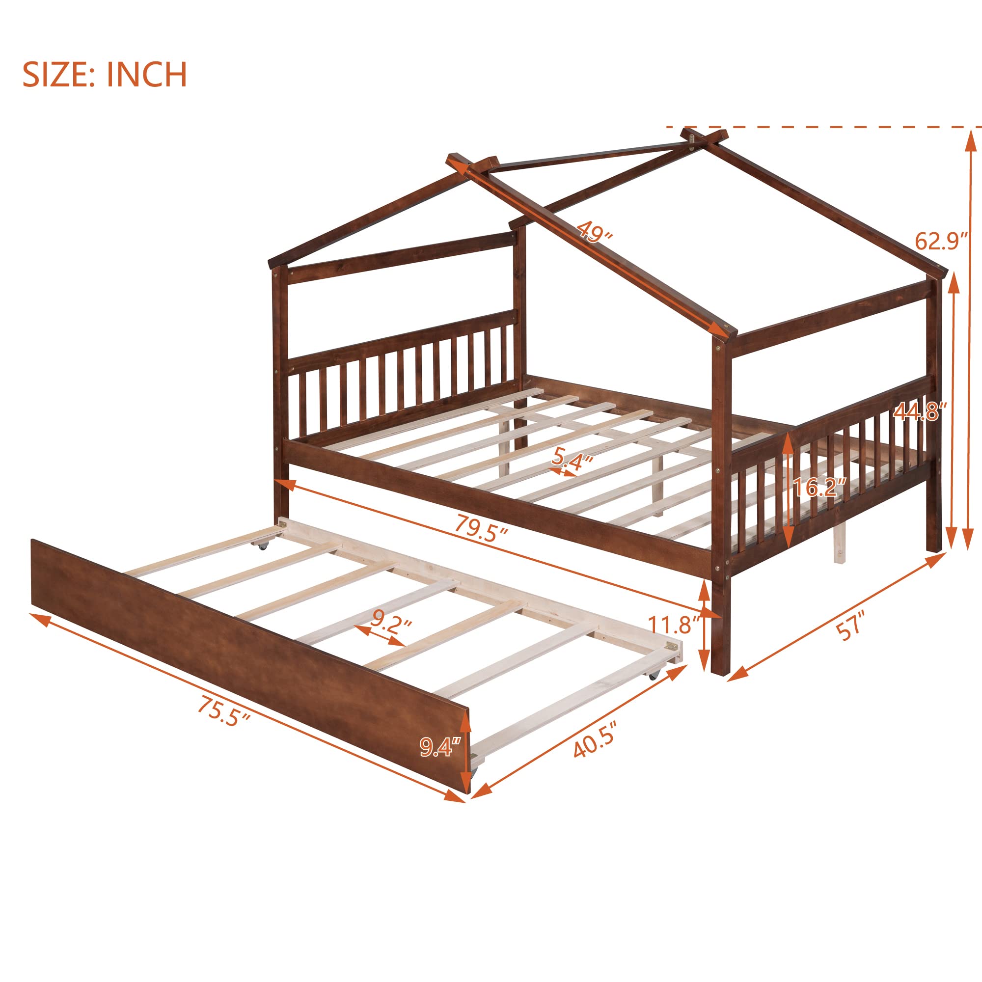 GOWE Full Size Wooden House Bed with Twin Size Trundle, Walnut