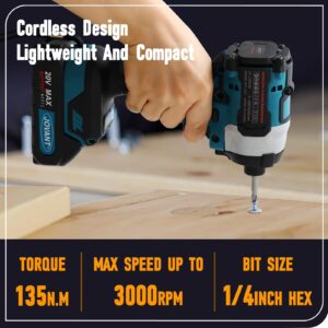 Cordless Impact Driver with 2x2.0Ah Battery and Charger, 100Ft-lbs(135N.m) Drill/Driver Set, 3200RPM Brushless 1/4 inch Hex Impact Screwdriver with Bit Accessories, 4+3 Speed, Led Light-JOVANT