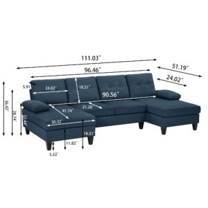 Pingliang Home Sectional Sofa Couch for Living Room, Convertible U Shape Sofas 4 Seat Modular Couches with Double Chaise and Portable Armrest, Modern Polyester Fiber, 111" (Blue)