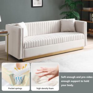 ivoros 78" Velvet Couch, Modern Channel Tufted Sofa Couch with 2 Pillows, 3 Seater Upholstered Couches with Gold Metal Legs and Nailhead for Living Room, Apartment and Office (Beige)