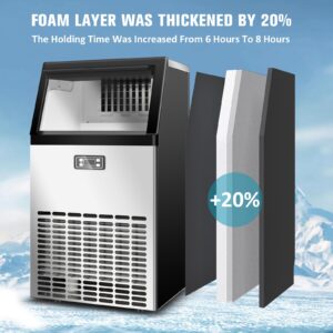 Erivess 120lbs/24H Commercial Ice Maker Machine, 48 Cubes/11mins Stainless Steel Under Counter ice Machine with 33lbs Ice Storage Capacity, Self-Clean Freestanding Ice Maker