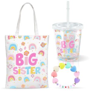 3 pcs big sister gift 12 oz pink sister cup insulated acrylic tumbler big sister mini canvas tote bag big sister bracelet for little girl