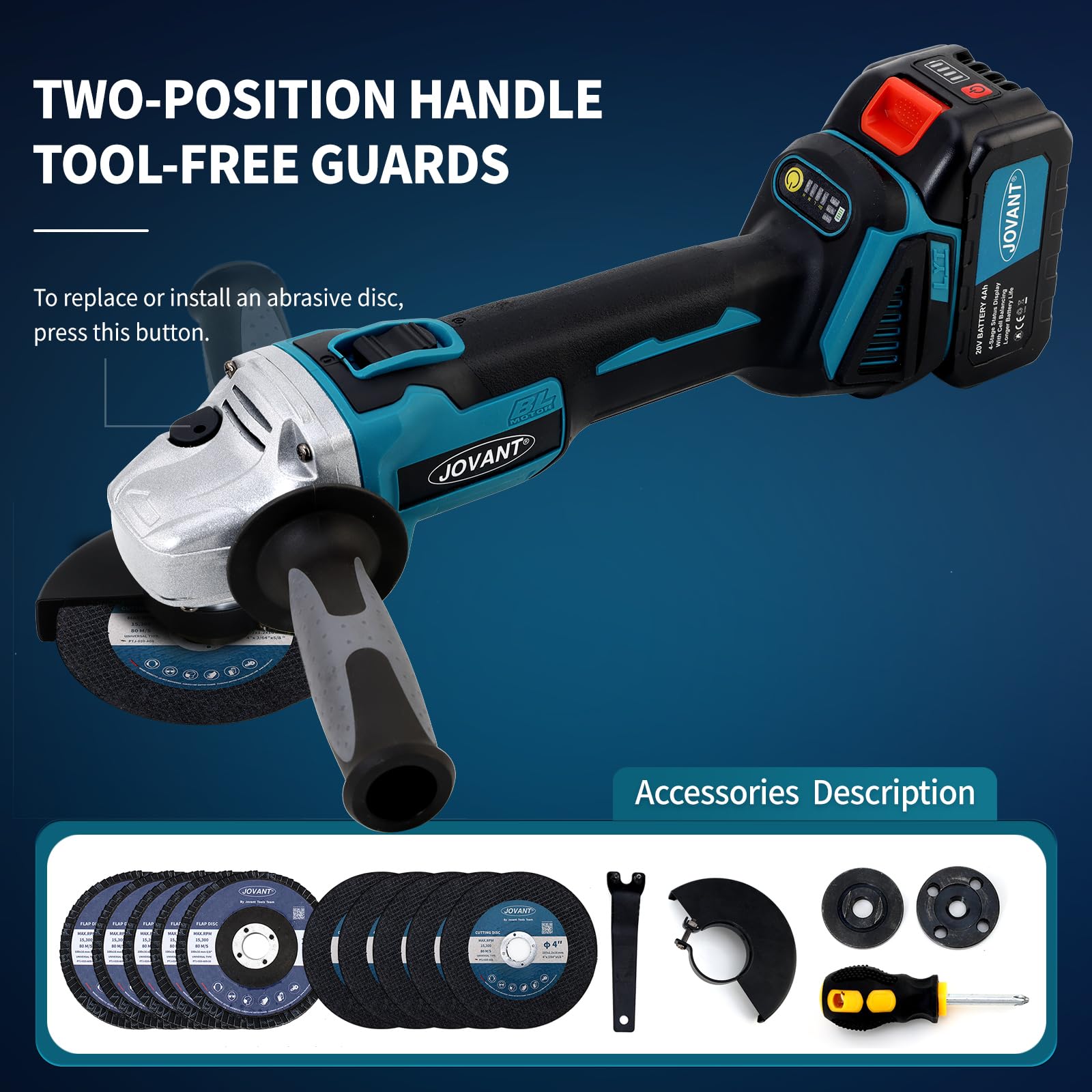 20V Cordless Angle Grinder, 4" and 4-1/2" Electric Angle Grinder Kit with 2x4.0Ah Batteries and Charger, Handle, 8500RPM Power Grinder Brushless Motor for Cutting/Sharpening/Removing Rust -JOVANT