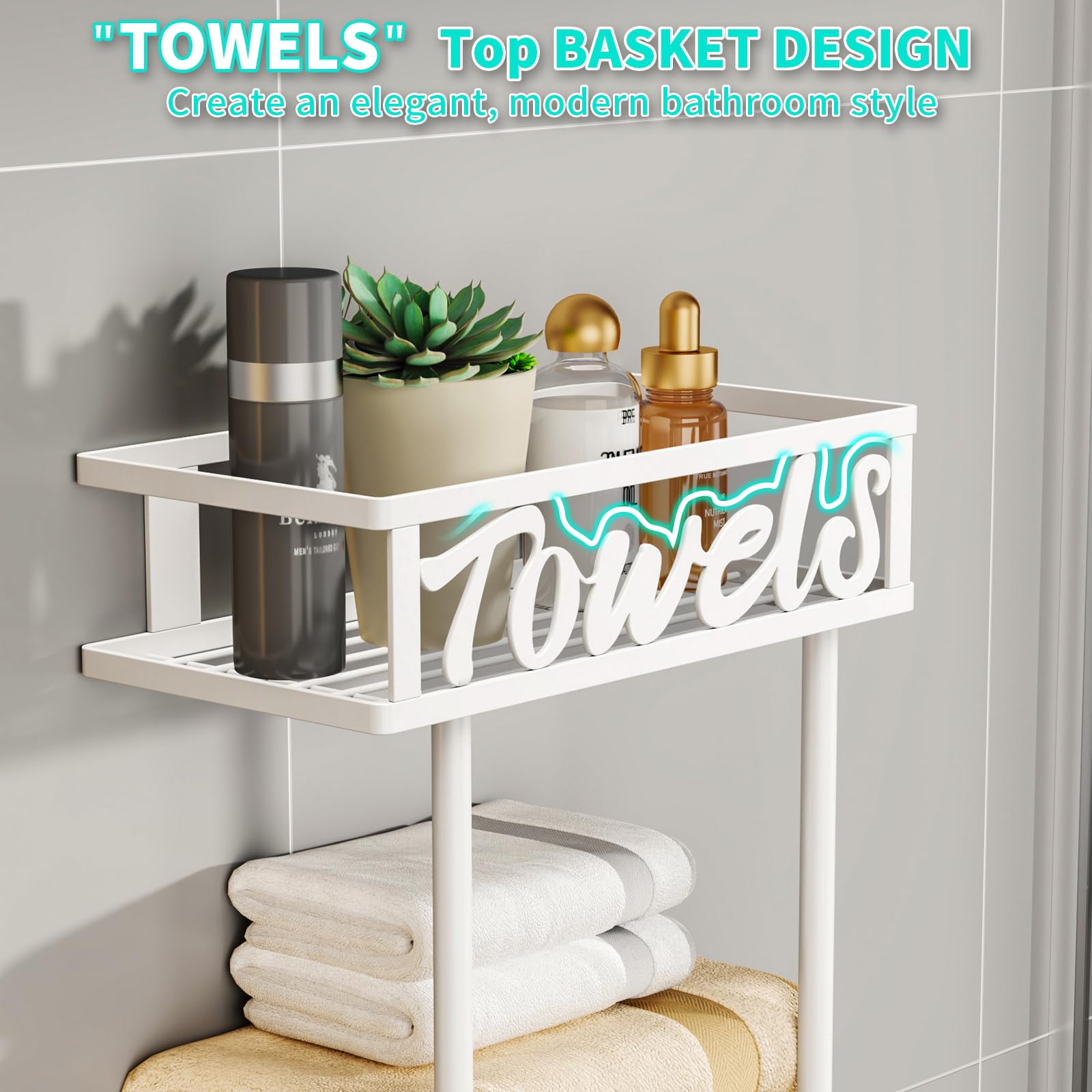 HapiRm Towel Rack Bathroom Storage - 3 Tier Over The Door Towel Rack with Metal Shelf Basket and 6 Hooks, Wall Mount Towel Holder, Rolled Towel Organizer for Small Bathroom (White)