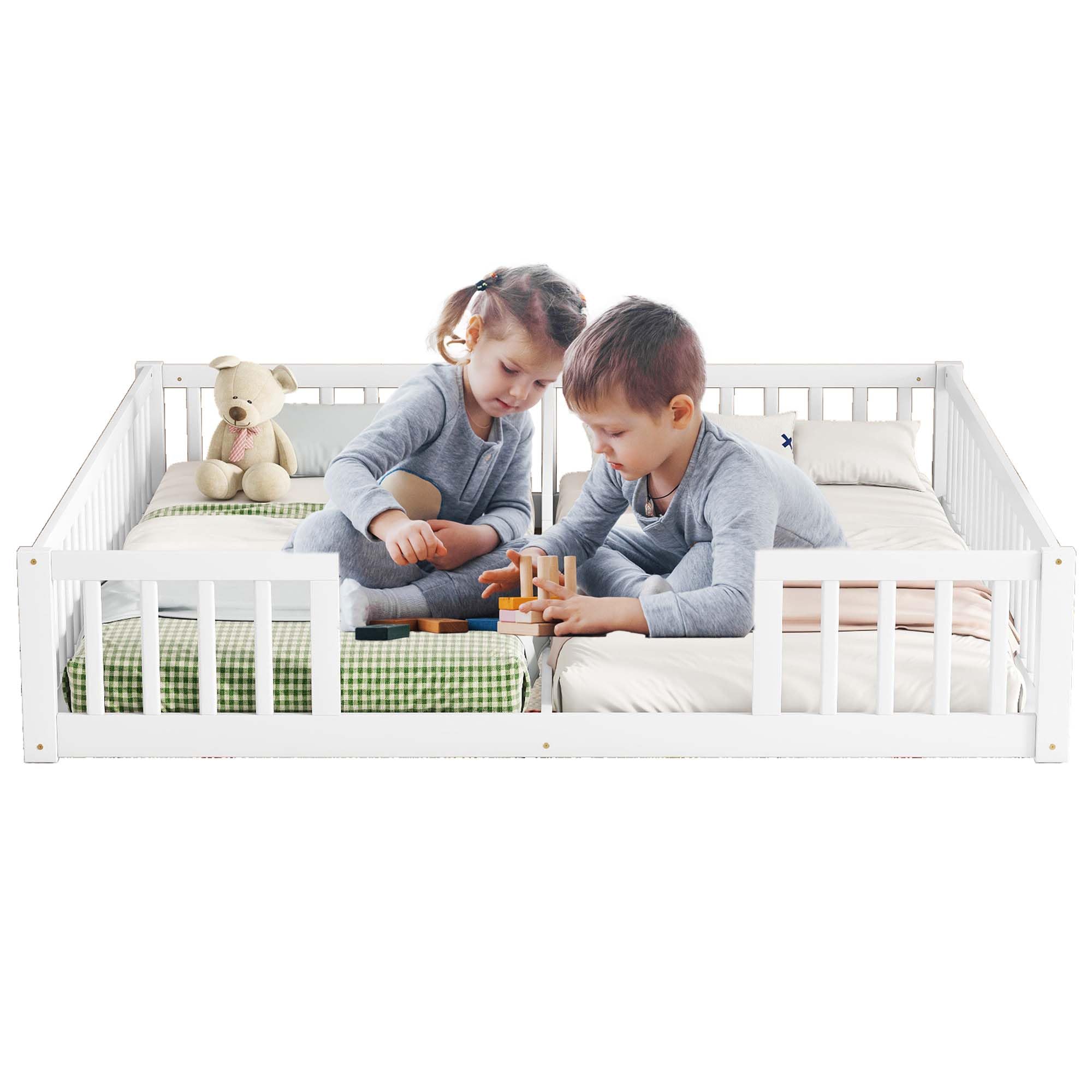 Mirightone Double Floor Bed Frames for Kids, Wood Montessori Bed with Fence Rails, Two Twin Bed Frames for Kids Boys Girls Children, White