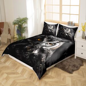 Erosebridal 3D Owl Bedding Queen Size Black and Grey Comforter Cover, Wild Animal Bed Set Cute Bird Duvet Cover, Woodland Wildlife Quilt Cover Animal Theme Black Room Decor 3pcs (Zipper Closure)