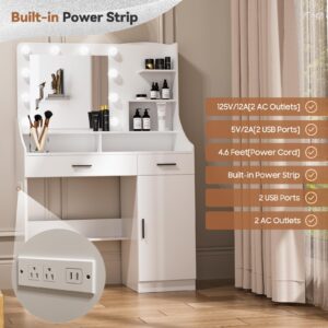 Dehado Vanity Desk with Mirror and Lights, Makeup Vanity Desk with Power Outlet, Cabinet, & Storage Shelves 3 Color Modes Adjustable Brightness Dressing Table, White