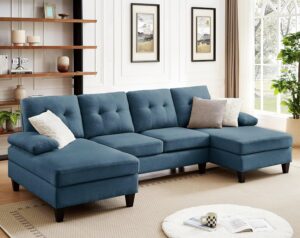 pingliang home sectional sofa couch for living room, convertible u shape sofas 4 seat modular couches with double chaise and portable armrest, modern polyester fiber, 111" (blue)