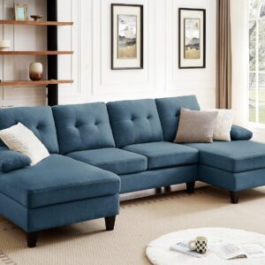 Pingliang Home Sectional Sofa Couch for Living Room, Convertible U Shape Sofas 4 Seat Modular Couches with Double Chaise and Portable Armrest, Modern Polyester Fiber, 111" (Blue)