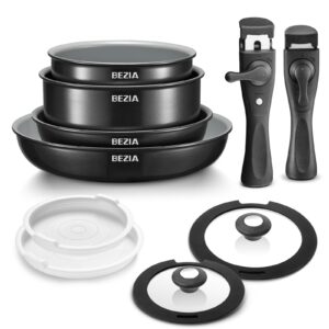 bezia induction cookware with healthy ceramic coating, camping pots and pans set nonstick 10pcs with detachable handles, induction rv kitchen set with removable handles, oven safe