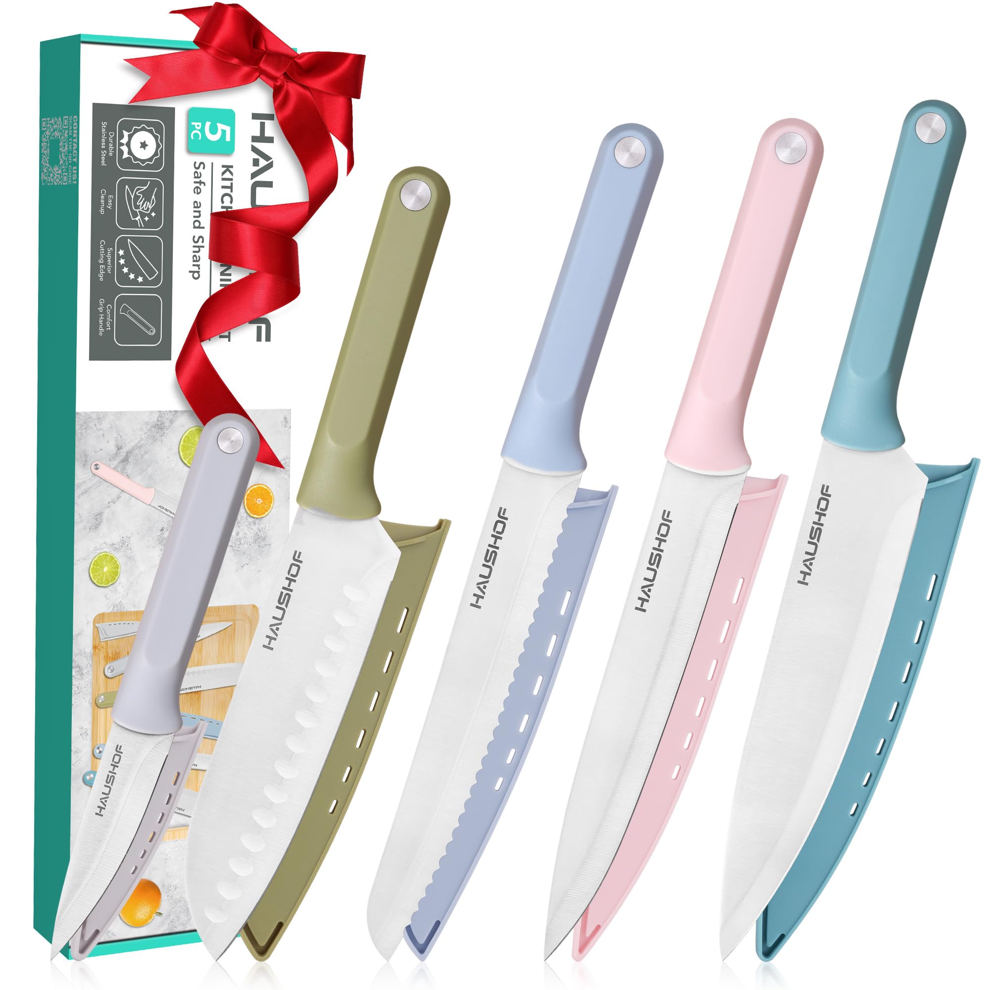 HAUSHOF Kitchen Knife Set, 5 PCS Colorful Kitchen Knives with Sheaths, Non-Stick Coated Stainless Steel Blades for Slicing, Dicing&Cutting, Gifts Knife Set with Ergonomic Handle for Dad, Mom, and Wife