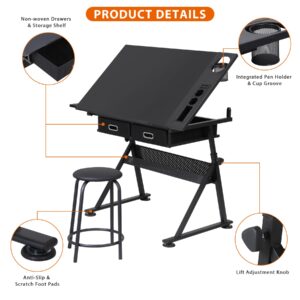 Nova Microdermabrasion Height Adjustable Drafting Table Art Desk Drawing Table Tabletop Adjustable Art/Craft Desk with Stool and 2 Slide Drawers for Reading, Writing, Crafting, Painting Art