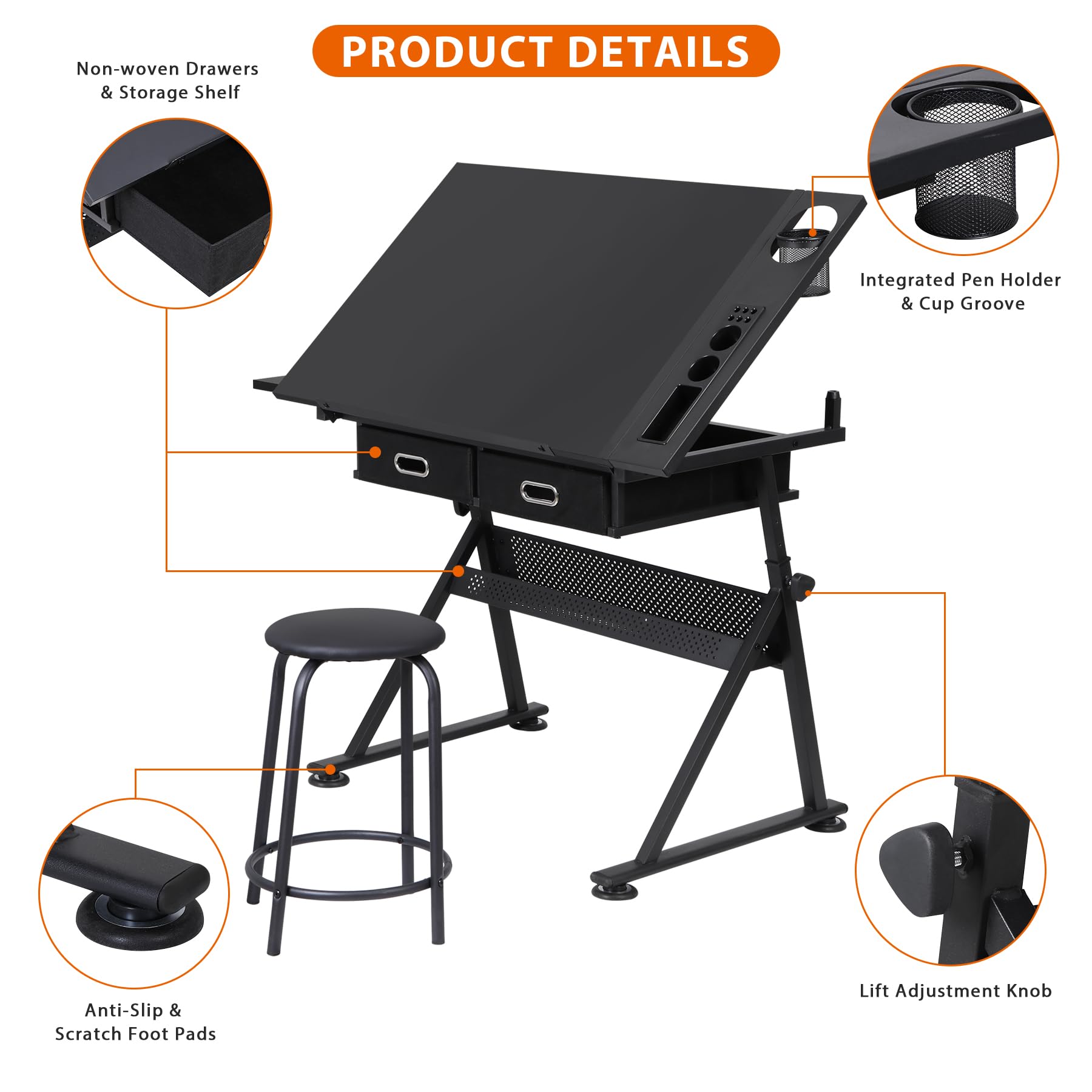 Nova Microdermabrasion Height Adjustable Drafting Table Art Desk Drawing Table Tabletop Adjustable Art/Craft Desk with Stool and 2 Slide Drawers for Reading, Writing, Crafting, Painting Art