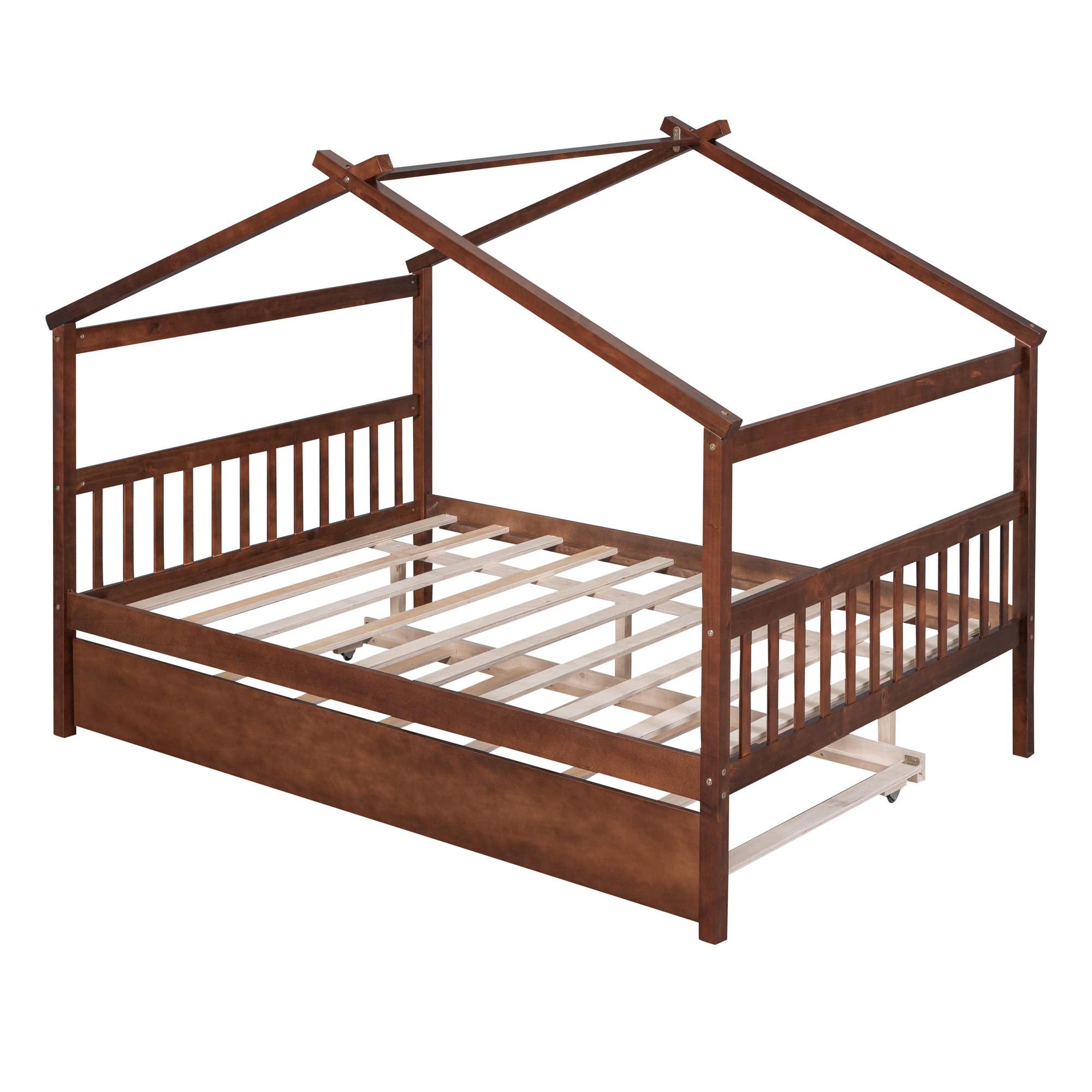 GOWE Full Size Wooden House Bed with Twin Size Trundle, Walnut