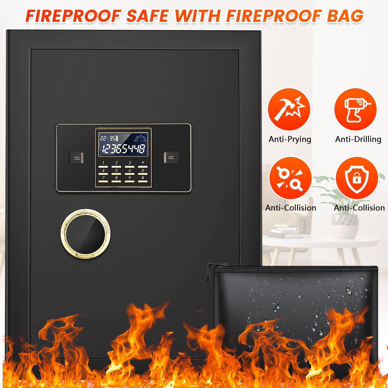 4.0 Cub Large Fireproof Safe for Home Use, Heavy Duty Home Safes Water and Fireproof with Fireproof Bag, Electronic Keypad Keys and Inner Cabinet, Anti-Theft Fire Proof Safe Box for Home Office