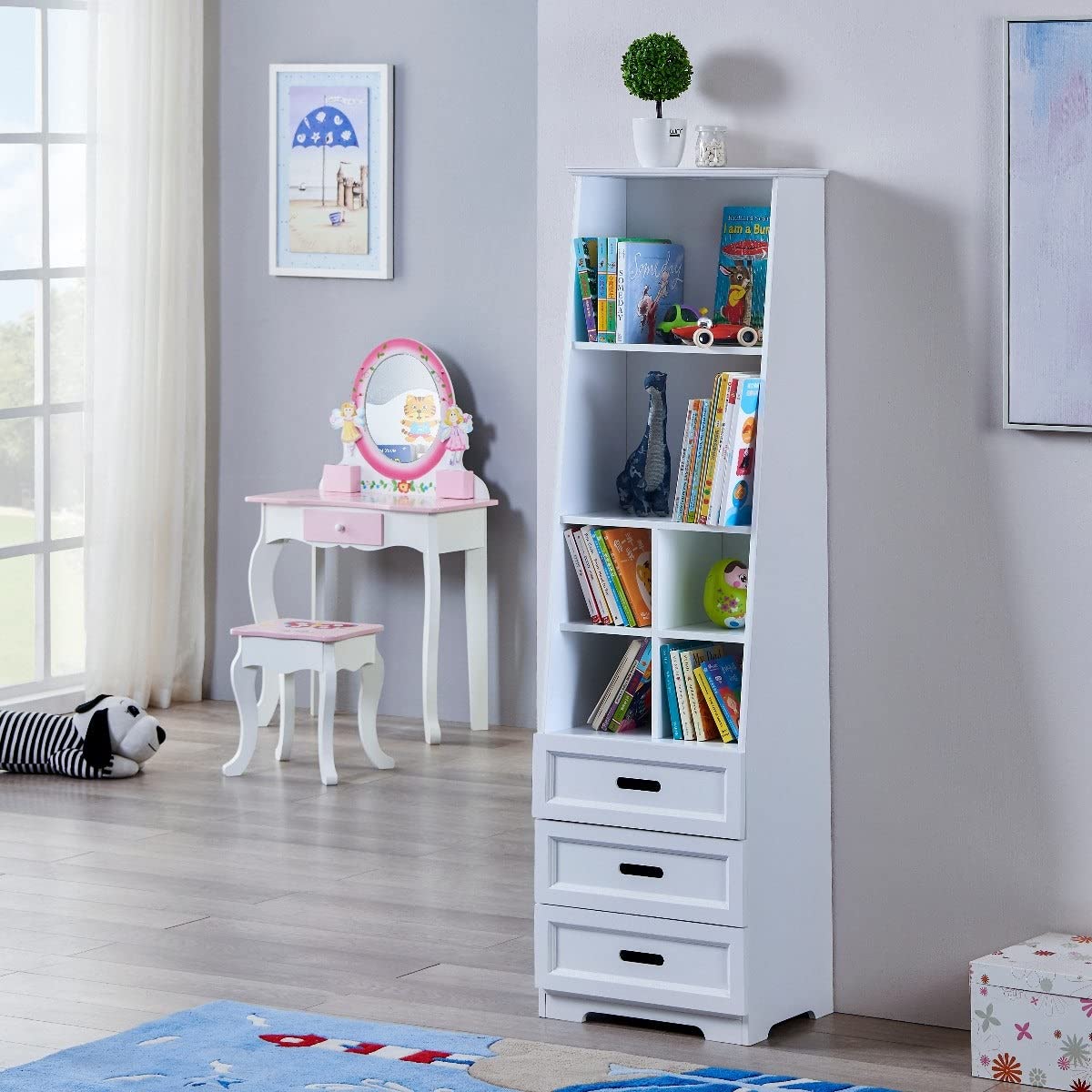 GOWE Kids Funnel White Bookcase Book Shelf Storage Unit with Book Display/Organizer Drawers - Classic White Color