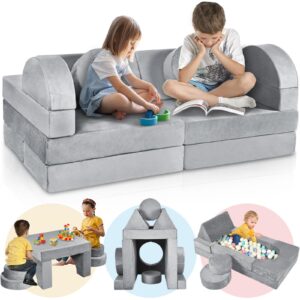 airbank 16pcs kids play couch, modular kids couch toddler play couch child sectional sofa, convertible foam easy to build magical forts in playroom indoor nursery grey