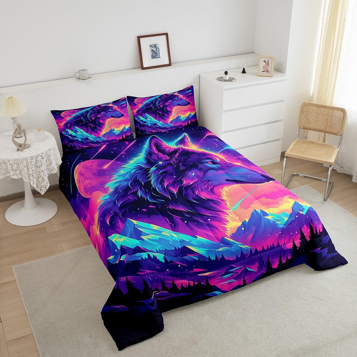 Castle Fairy Wolf Bedding Set Full Size Wild Jungle Animal Comforter Set for Kids Teens Room Decor Trippy Natural Scenery Duvet Insert Neon Starry Moon Galaxy Down Comforter Set,3Pcs