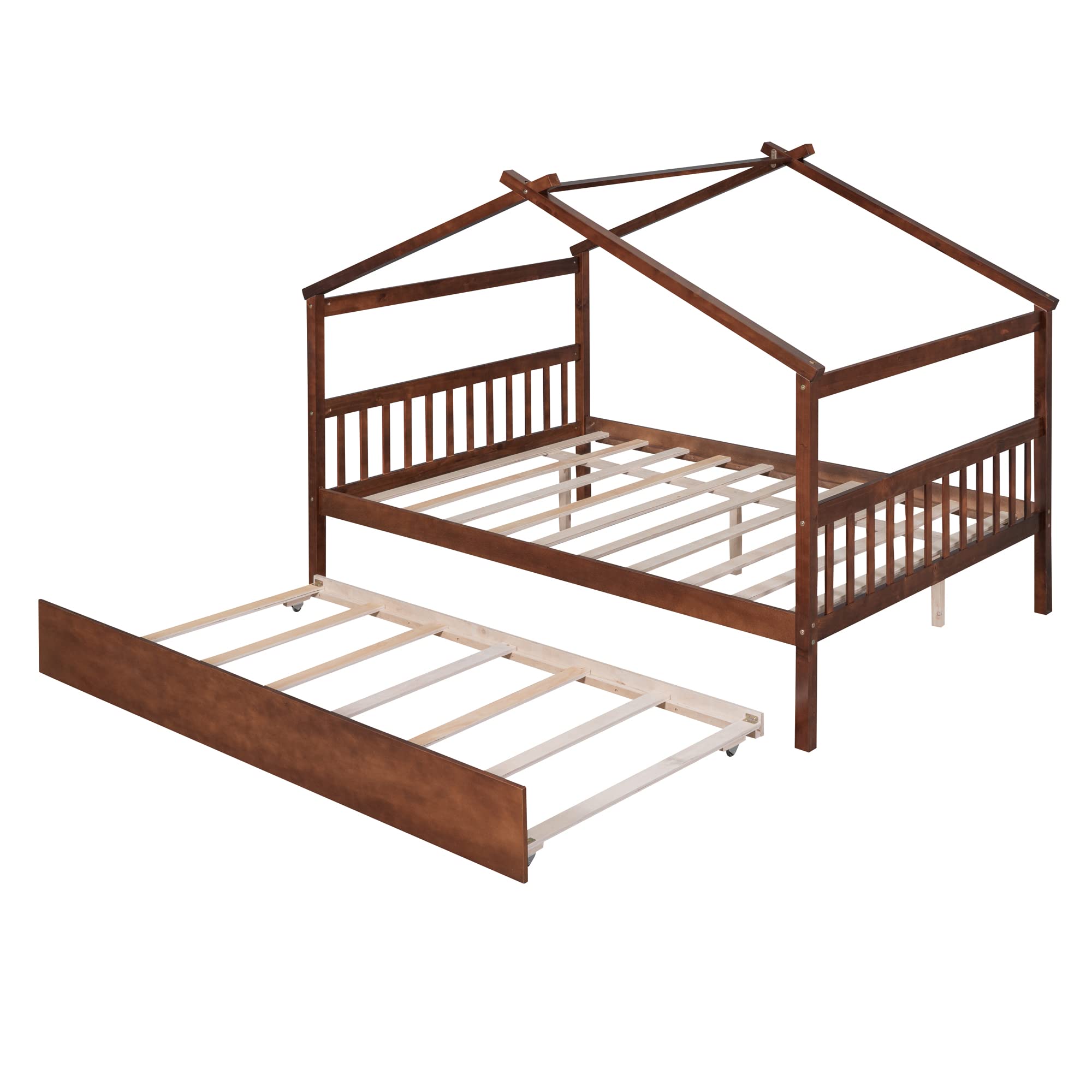 GOWE Full Size Wooden House Bed with Twin Size Trundle, Walnut