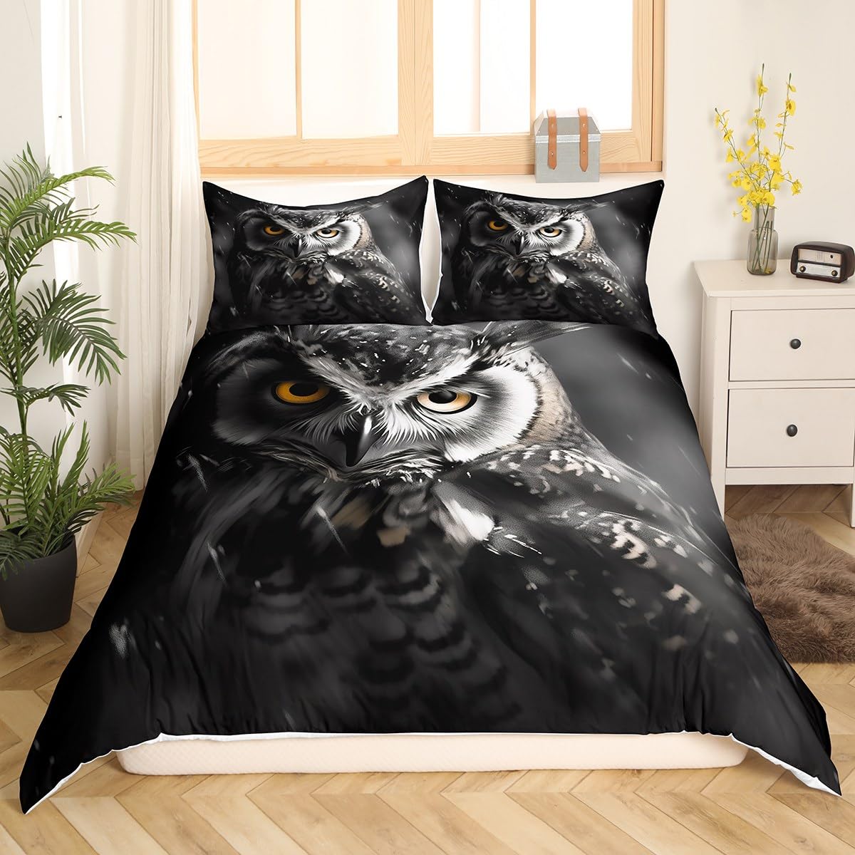 Erosebridal 3D Owl Bedding Queen Size Black and Grey Comforter Cover, Wild Animal Bed Set Cute Bird Duvet Cover, Woodland Wildlife Quilt Cover Animal Theme Black Room Decor 3pcs (Zipper Closure)