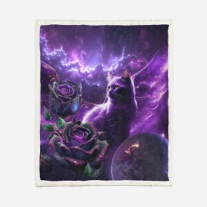 AILONEN 3D Cat Sherpa Fleece Throw Blanket, Oil Purple Rose with Black Cat Sherpa Blanket for Kids Boys Girls,Boho Starry Night Sherpa Throw Blanket All Season, 70 x 55 Inches