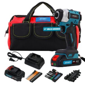 cordless impact driver with 2x2.0ah battery and charger, 100ft-lbs(135n.m) drill/driver set, 3200rpm brushless 1/4 inch hex impact screwdriver with bit accessories, 4+3 speed, led light-jovant