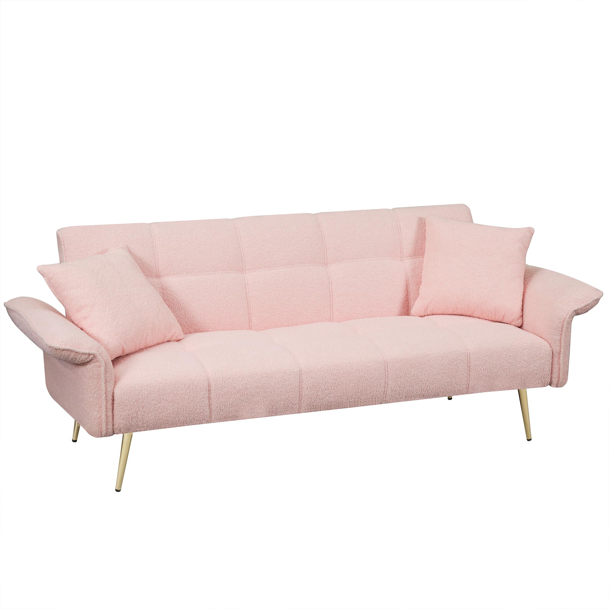 Aoowow Teddy Fabric Futon Couch with 2 Sort Bed Pillow, Love seat Sofa Bed with Adjustable Armrests Backrest for Small Spaces, Modern Recliner Futon Sofa for Living Room (Pink Teddy Fabric)