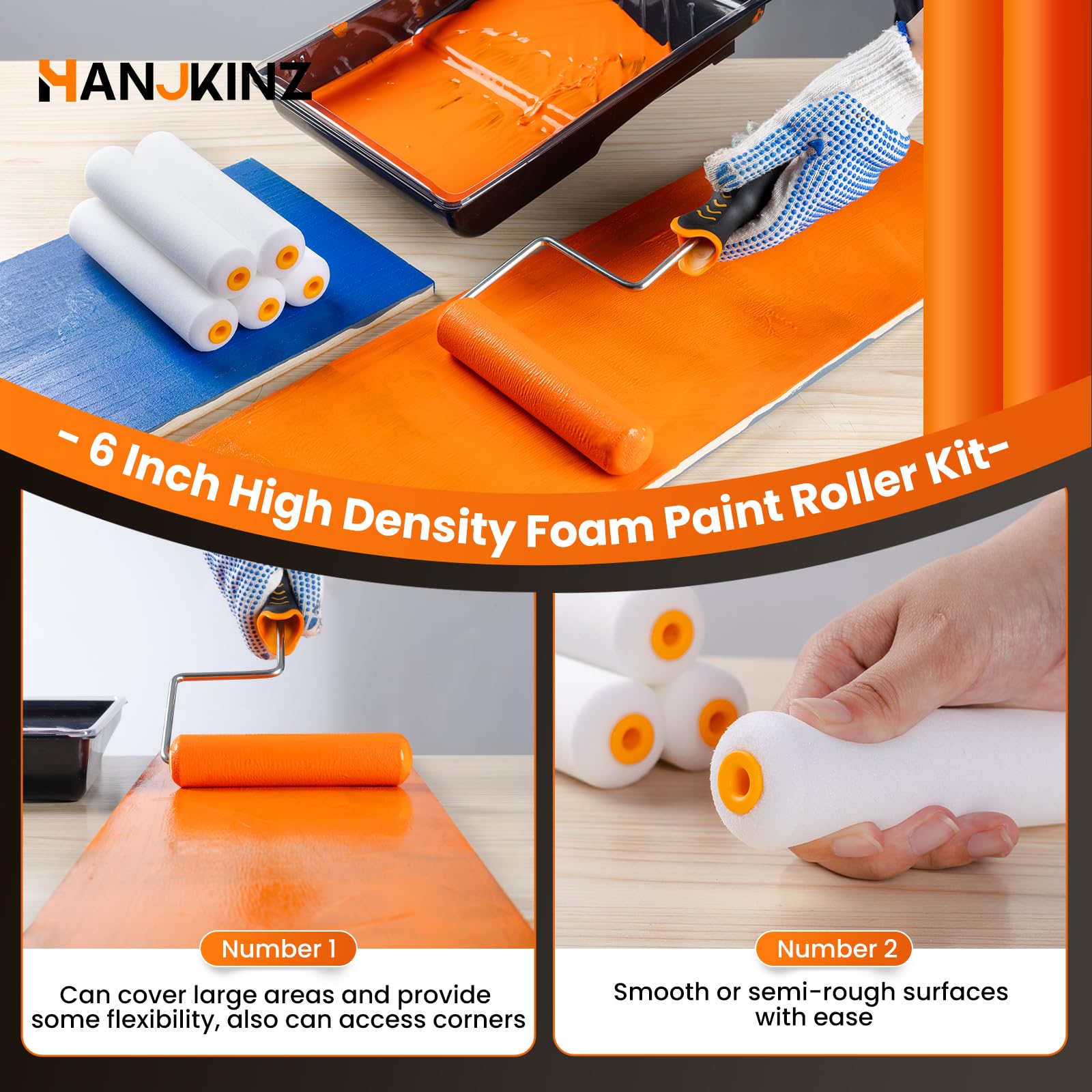 HANJKINZ Paint Roller Kit, 12 Pcs 6 Inch Small Paint Roller Kit with High-Density Foam Paint Roller, Paint Tray, Paint Tray Liner, Roller Frame, Mini Paint Roller for Painting Wall, Door, Cabinet