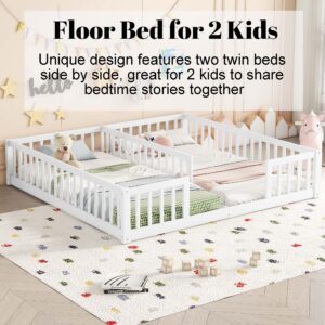 Mirightone Double Floor Bed Frames for Kids, Wood Montessori Bed with Fence Rails, Two Twin Bed Frames for Kids Boys Girls Children, White