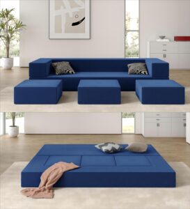 vivaadecor 80'' folding sofa bed, velvet floor couch bed with 3ottomans& washable cover, memory foam couch, fold out futon sleeper for guest/living room/playroom, queen, blue